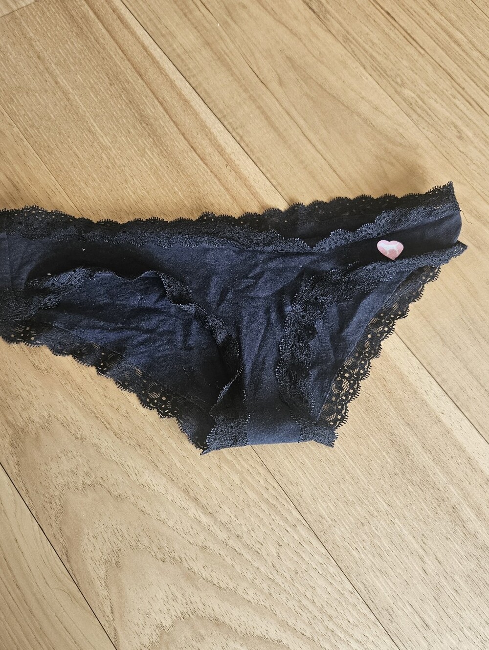 Vintage Y2K Victoria's Secret Black Lace Bikini Panties with Pink Heart Accent